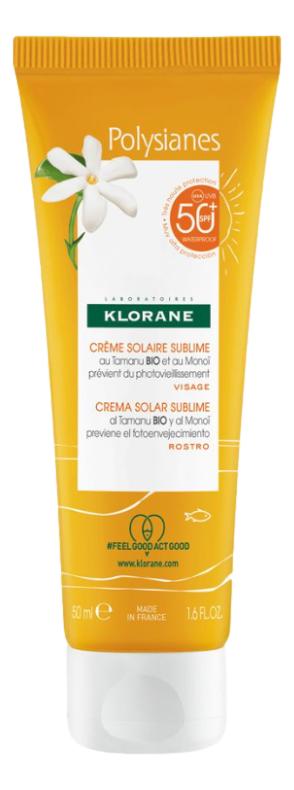 Klorane Polysianes Crème solaire sublime visage au Monoï et Tamanu Bio SPF50 - 50ml  Crème solaire sublime visage au Monoï et Tamanu Bio SPF30 de Klorane Solaire, une très haute protection contre les UVA et UVB résistante à l’eau pour le visage, exalté de